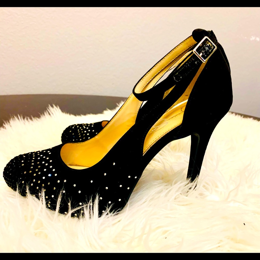 Beautiful Jessica Simpson suede black rhinestone high heeled pumps💕 size 7M